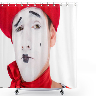 Personality  Portrait Of Grimacing Mime With Makeup Isolated On White Shower Curtains