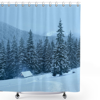 Personality  Winter Landscape With Wooden House In The Mountains Shower Curtains
