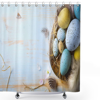 Personality  Easter Background With Easter Eggs And Spring Flowers. Top View  Shower Curtains
