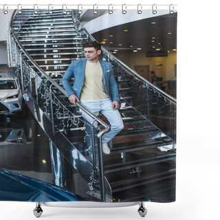 Personality  Stylish Man In Glasses Walking Down Stairs In Car Showroom  Shower Curtains