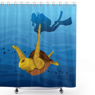Personality  Vector Tropical Illustration With Underwater Marine Wildlife And Water Sport. Cartoon Sea Turtle And Silhouette Of Scuba Diver On A Blue Ocean Background.  Shower Curtains