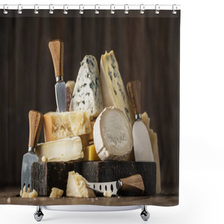 Personality  Assortment Of Different Cheese Types On Wooden Background. Chees Shower Curtains