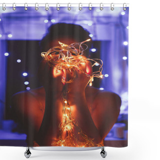 Personality  Obscured View Of Woman Holding Festive Lights In Hands At Home Shower Curtains
