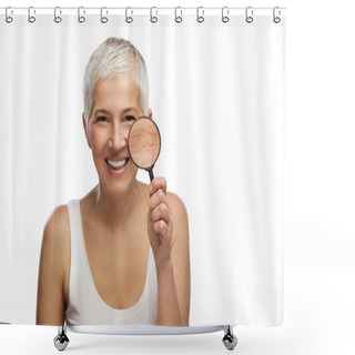 Personality  Portrait Of A Beautiful Elderly Woman Holding A Magnifying Glass, Isolated On White Background  Shower Curtains