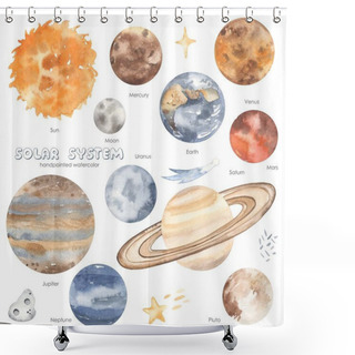 Personality  Space Adventure With Lpanets Of The Solar System, Sun, Saturn, Jupiter, Earth, Mercury, Venus, Mars Watercolor Set  Shower Curtains
