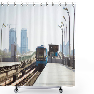 Personality  Arriving Train At Outdoor Subway Station With Buildings On Background Shower Curtains
