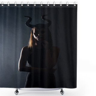 Personality  Silhouette Of Young Woman With Horns Standing On Black  Shower Curtains