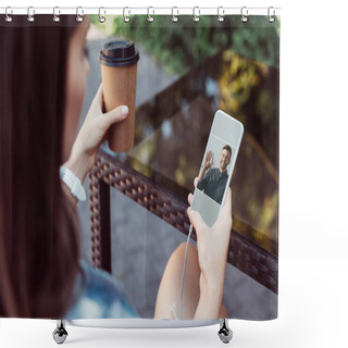 Personality  Colleagues Having Video Chat With Smartphone Outdoors Shower Curtains