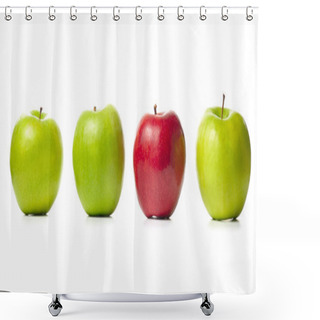 Personality  Three Green Apples And One Red Isolated On White Shower Curtains