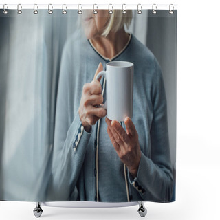 Personality  Cropped View Of Senior Woman Holding Cup Of Coffee At Home  Shower Curtains