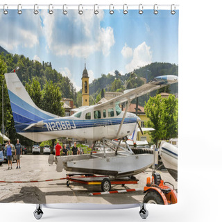 Personality  COMO, LAKE COMO, ITALY - JUNE 2019: Floatplane Operated By The Aero Club Como On The Lakeside In The Town Of Como On Lake Como. Shower Curtains