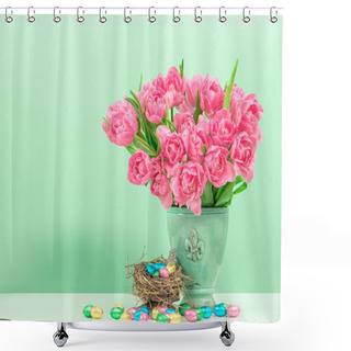 Personality  Tulip Flowers And Pastel Colored Easter Eggs Shower Curtains
