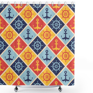 Personality  Maritime Mood, Seamless Nautical Pattern With Steering Wheels And Anchors, Vintage Style Shower Curtains