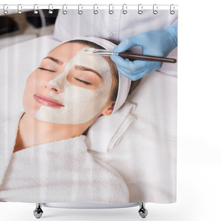 Personality  Beautician Applying Cosmetic Mask On Half Woman Face With Cosmetic Brush At Beauty Salon Shower Curtains