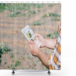 Personality  Cropped Shot Of Farmer Using Digital Tablet With Ebay Website While Standing On Field   Shower Curtains