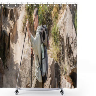 Personality  Short Haired Woman Traveler In Casual Clothes With Backpack Holding Trekking Poles While Standing Near Hill With Stones At Background, Tranquil Hiker Finding Inner Peace On Trail, Banner  Shower Curtains