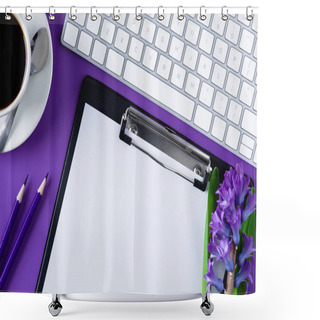 Personality  Top View Of Workspace With Blank Clipboard And Computer Keyboard Shower Curtains