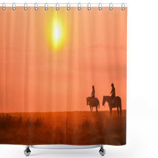 Personality  Young Girl Riding On Horse During Wonderful Calm Autumn Morning Full Of Mist And Gold Light Shower Curtains