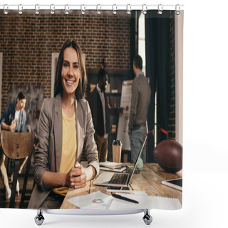 Personality  Smiling Business Woman Sitting At Desk With Laptop And Working On Project At Loft Office With Colleagues On Background Shower Curtains