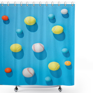 Personality  Top View Of Arranged Pin Pong, Tennis And Baseball Balls On Blue Background Shower Curtains