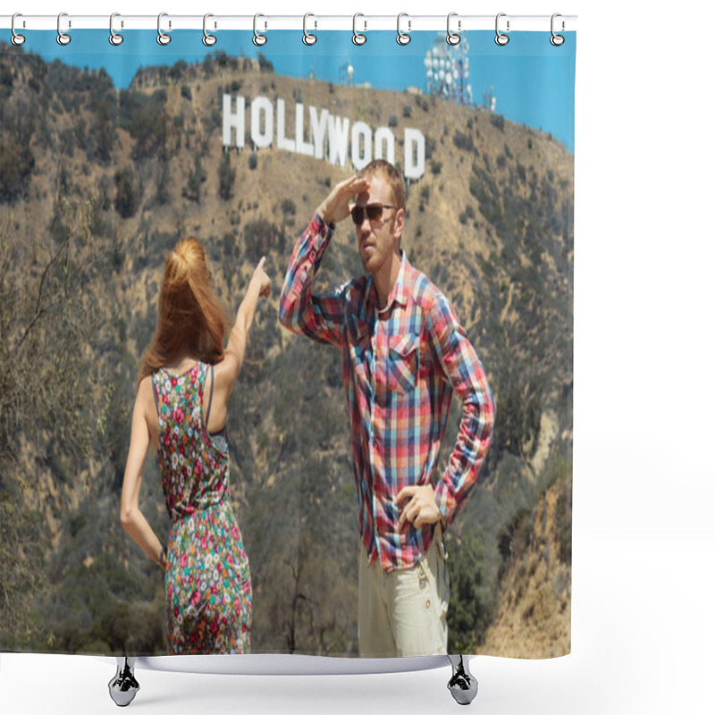 Personality  Man And Woman Tourist At Hollywood Hills Near World Famous Landmark Hollywood Sign, Los Angeles, California Shower Curtains