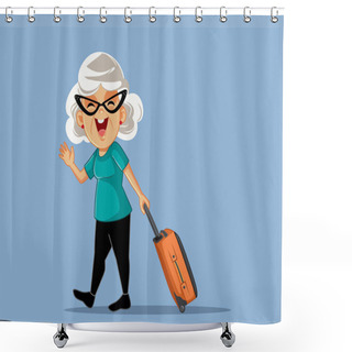 Personality  Cheerful Senior Woman Saluting And Traveling With Suitcase Shower Curtains