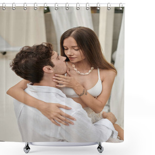 Personality  Couple Bonding, Tattooed Woman Touching Face Of Boyfriend During Their Romantic Getaway, Vacation Shower Curtains
