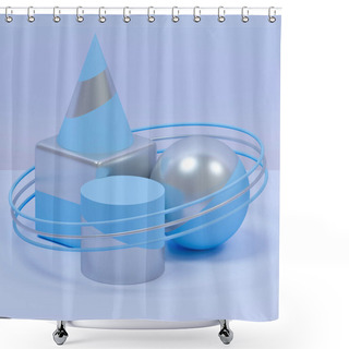 Personality  Abstract Background, Primitive Geometric Shapes. Blue Color And Silver Objects. Minimal Design Elements. 3d Rendering. Shower Curtains