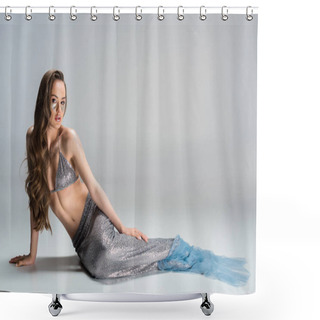 Personality  Beautiful Woman With Mermaid Tail Lying On Floor And Looking At Camera Shower Curtains