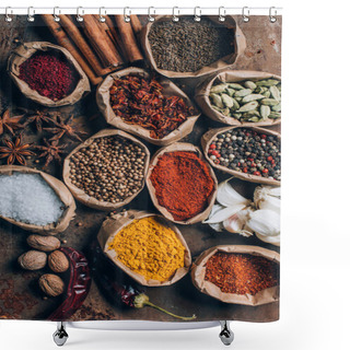 Personality  Top View Of Salt, Chilli Flakes And Powdered Pepper In Paper Bags On Table Shower Curtains