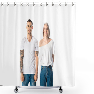 Personality  Happy Young Tattooed Couple Isolated On White Shower Curtains