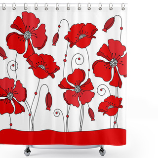 Personality  Different Red Graphic Poppies On Meadow Background Shower Curtains