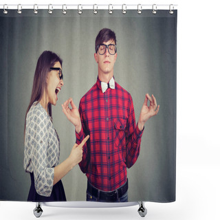 Personality  Young Woman In Anger Yelling At Boyfriend In Glasses Trying To Keep Calm In Meditation Shower Curtains