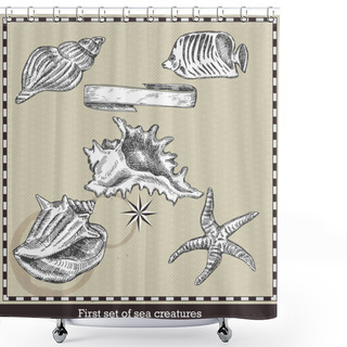 Personality  Set Of Sea Fish,seashell And Starfish. Retro Style Vector Illustration. Isolated On Grey Background Shower Curtains