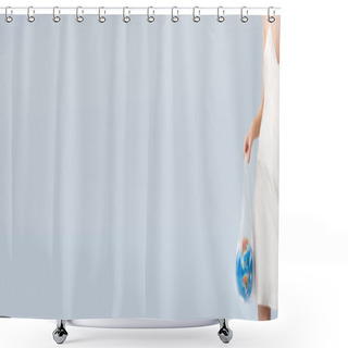 Personality  Horizontal Crop Of Woman In Silk Dress Holding Plastic Bag With Globe Isolated On Grey, Ecology Concept  Shower Curtains