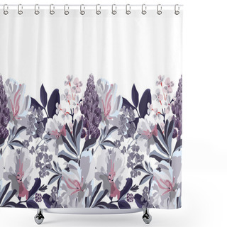 Personality  Vector Floral Seamless Pattern, Border. Horizontal Panoramic Design With Flowers In Grey White And Lilac Tones. Shower Curtains