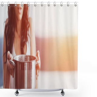 Personality  Cropped View Of Curly Woman Holding Pot Under Water Drops Shower Curtains