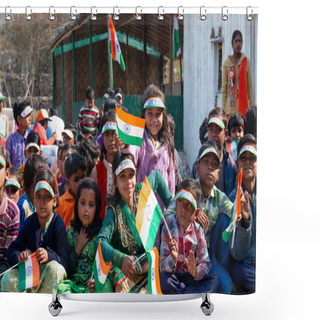 Personality  NOIDA, UTTAR PRADESH / INDIA - JANUARY 2020 : Young Indian Students From Slum/Village Area Celebrating Indian Republic Day Function At School With Flags In Hand Shower Curtains
