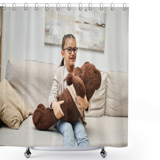 Personality  Adorable Elementary Age Kid In Eyeglasses Holding Teddy Bear And Sitting On Sofa In Living Room Shower Curtains