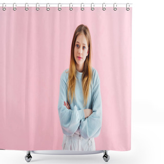 Personality  Offended Teenage Girl With Crossed Arms Isolated On Pink Shower Curtains