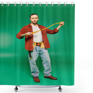Personality  A Man In A Red Jacket Holds A Measuring Tape Against A Green Backdrop. Shower Curtains