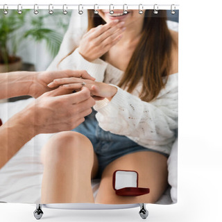 Personality  Cropped View Of Man Doing Marriage Proposal To Shocked Woman  Shower Curtains