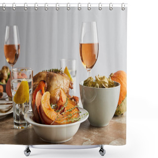 Personality  Festive Thanksgiving Day With Baked Pumpkin, Grilled Turkey And Glasses With Rose Wine And Lemon Water Isolated On Grey Shower Curtains