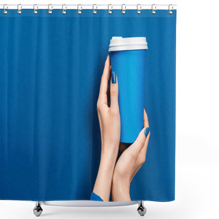 Personality  Cropped View Of Woman Holding Paper Cup On Blue Background  Shower Curtains