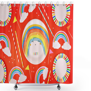 Personality  Party Flat Lay With Colorful Plates, Rainbow Napkins And Drinking Straws On Red Background  Shower Curtains