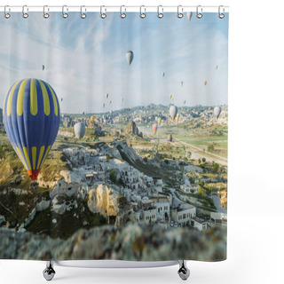 Personality  Front View Of Hot Air Balloons Flying Over Cityscape, Cappadocia, Turkey Shower Curtains