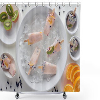 Personality  Top View Of Delicious Homemade Popsicles With Ice Cubes And Sliced Fruits On Grey   Shower Curtains