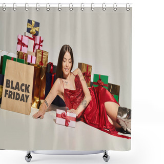 Personality  Cheerful Young Lady Lying On Floor Surrounded By Presents On Ecru Background, Black Friday Concept Shower Curtains