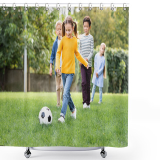 Personality  Smiling Girl Playing Football Near Multiethnic Friends On Blurred Background In Park  Shower Curtains