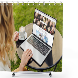 Personality  Cropped Image Of Woman Using Laptop With Loaded Depositphotos Page On Table In Garden Shower Curtains